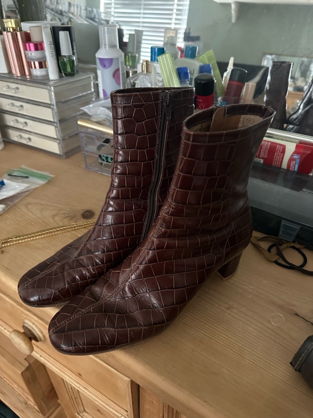 BYFAR Women's Brown Croc-Embossed Leather Ankle Boots